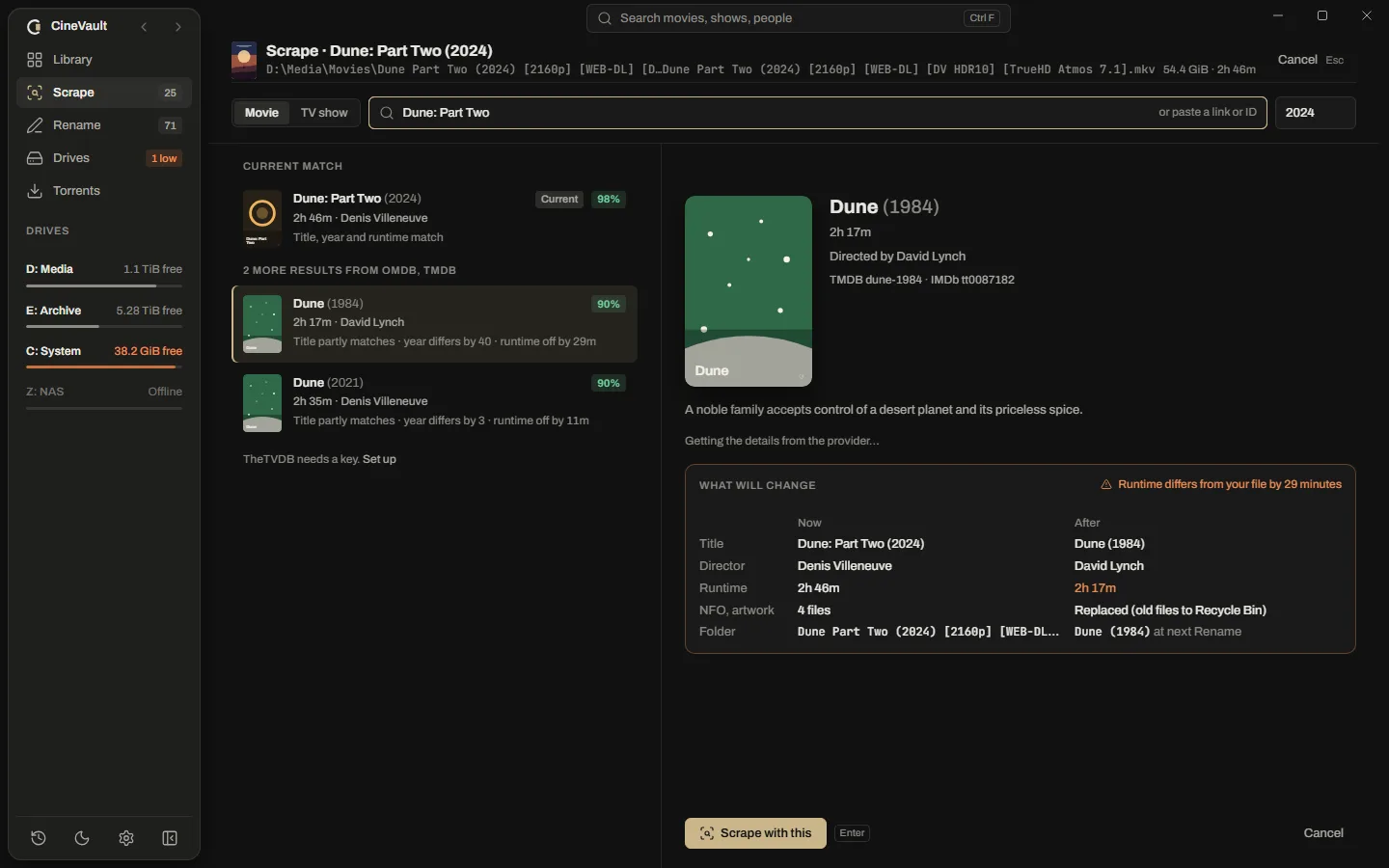 The match picker for Dune: Part Two: the current match at 98 percent, two other results at 90 percent with their reasons, and for the chosen one a What will change panel warning that the runtime differs from the file by 29 minutes