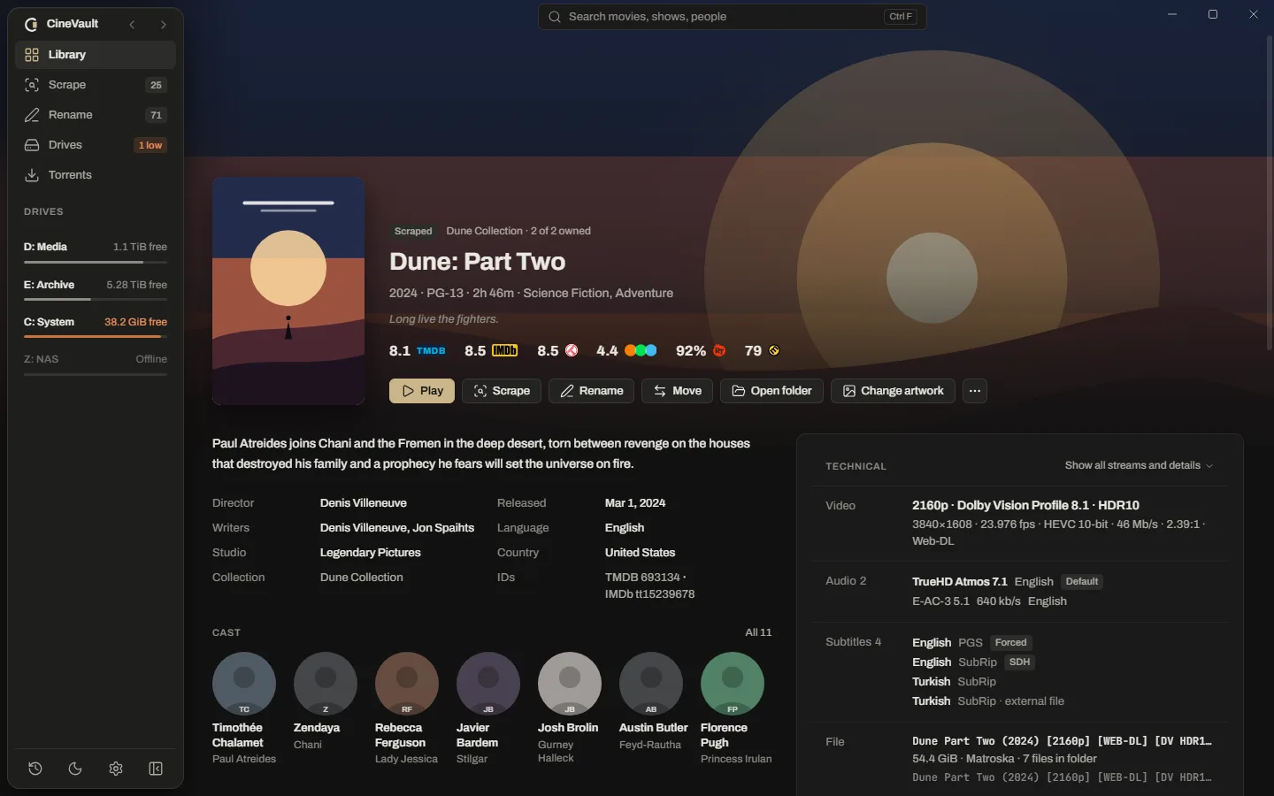 The movie page for Dune: Part Two: poster, ratings from TMDB, IMDb, Trakt, Letterboxd, Rotten Tomatoes and Metacritic, the action buttons, the plot, director and release facts, the cast and the Technical card with video, audio, subtitles and file