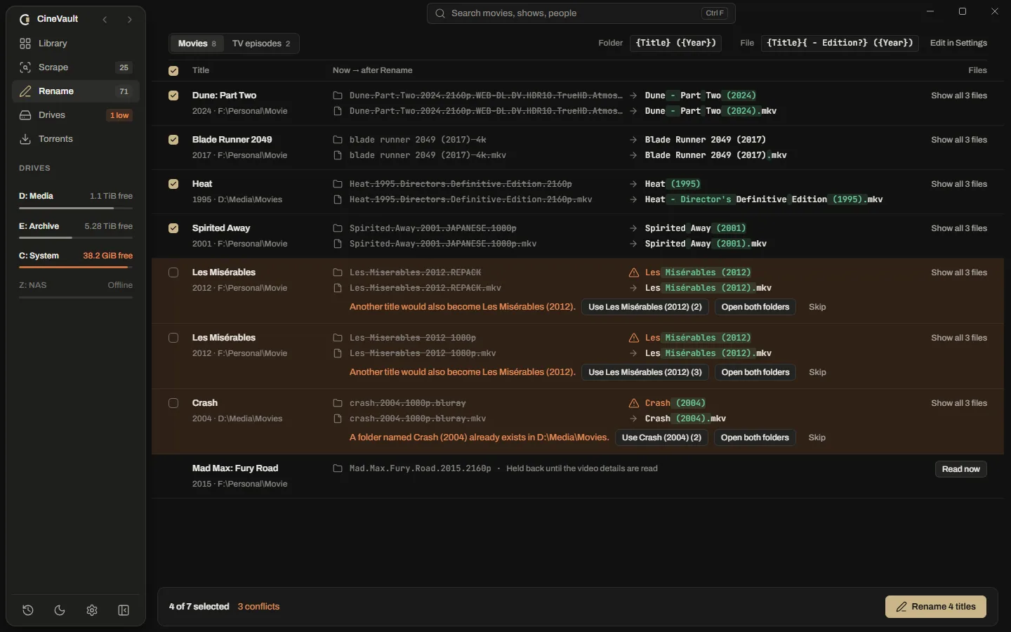 The Rename page: folder and file names now and after Rename, with the removed words struck through and the added words marked, and three conflicts with a way to resolve each on its row