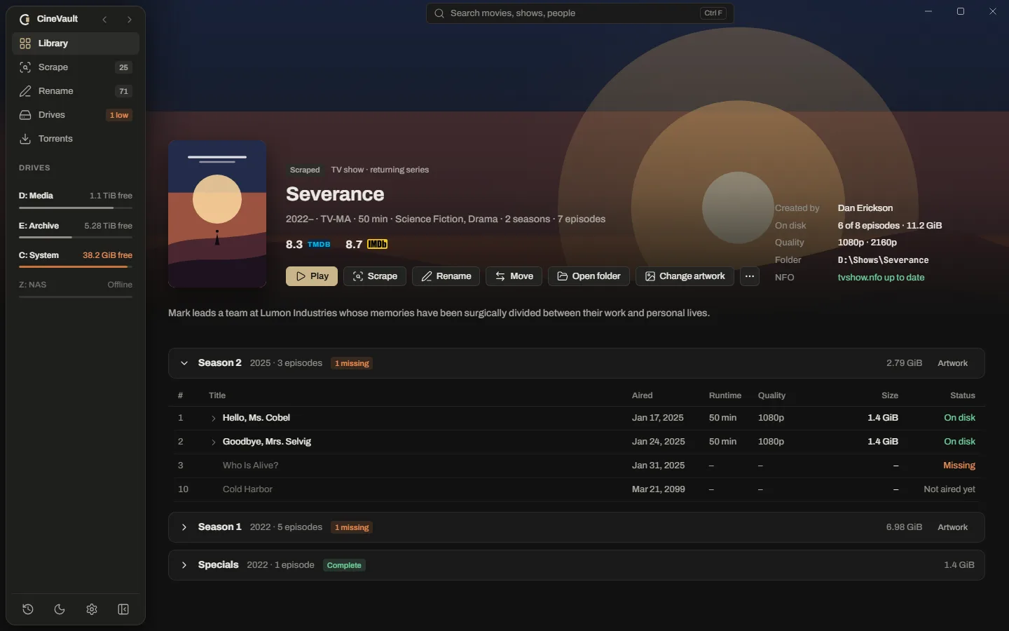 The page of the TV show Severance: poster, TMDB and IMDb ratings, Play, Scrape, Rename, Move, Open folder and Change artwork, and Season 2 open with its episodes, one of them missing and one not aired yet